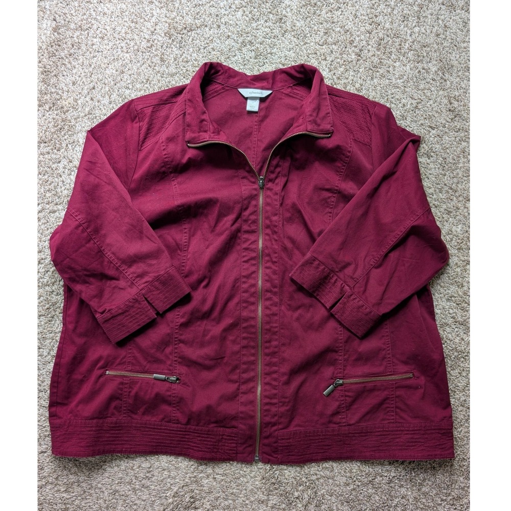 CJ Banks Womens 3X Burgundy 3/4 Sleeve Full Zip Lightweight Cotton Jacket Pocket